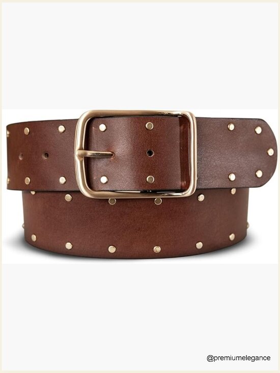 Genuine Leather Studded Wide Belt 2 Inch Buckle